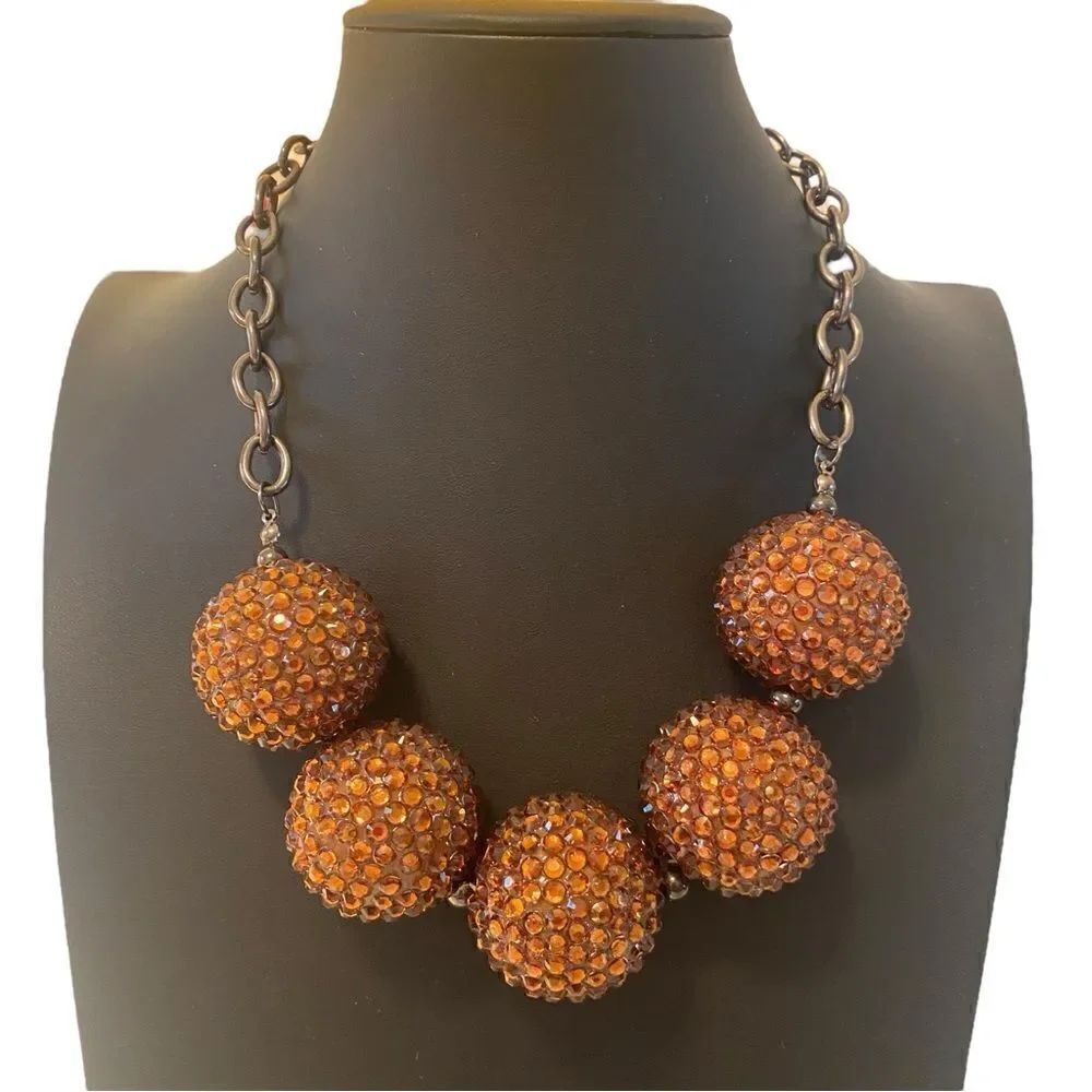 Five Large Rhinestone Bubblegum Bead Statement Necklace on Gun Metal Chain.